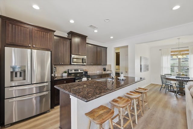 kitchen with dark brown cabinetry, a sink, a kitchen breakfast bar, appliances with stainless steel finishes, and tasteful backsplash