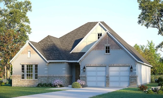 view of front facade with driveway, stone siding, a front lawn, and roof with shingles