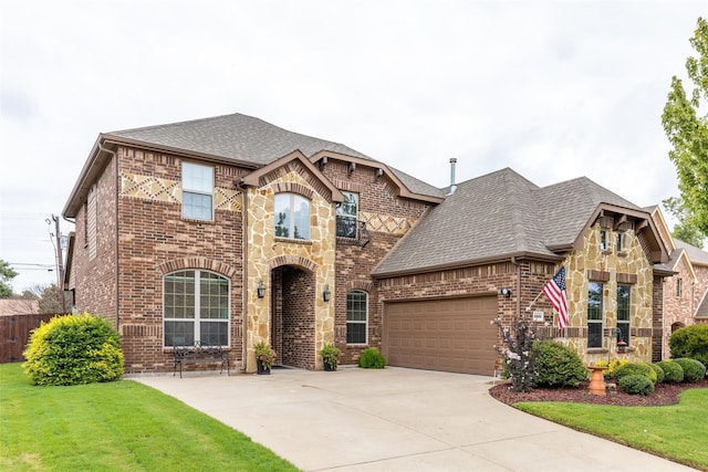 view of front of house with a garage, stone siding, driveway, and brick siding