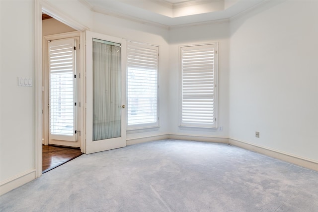 spare room with plenty of natural light, carpet, baseboards, and crown molding