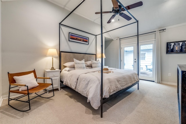 bedroom featuring access to outside, french doors, light colored carpet, and baseboards