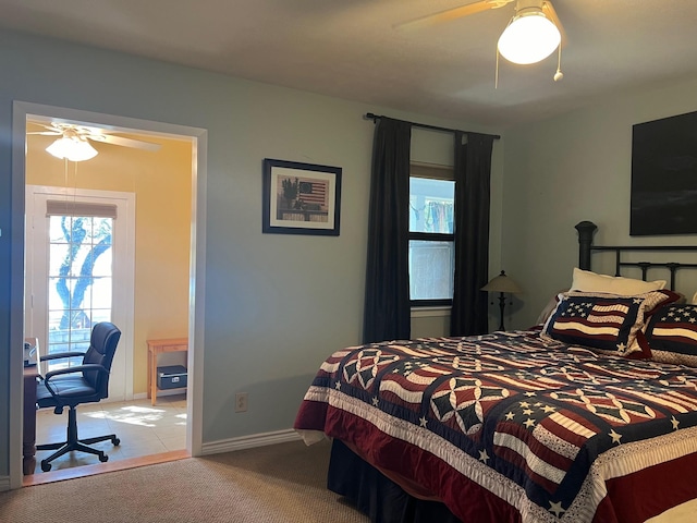 bedroom with carpet, multiple windows, baseboards, and ceiling fan