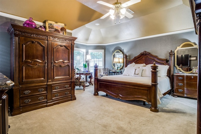 carpeted bedroom with visible vents, a textured wall, ceiling fan, ornamental molding, and vaulted ceiling