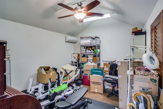 interior space featuring a wall unit AC, ceiling fan, and lofted ceiling