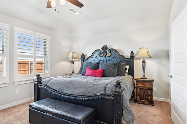 bedroom with a ceiling fan, carpet, visible vents, and baseboards