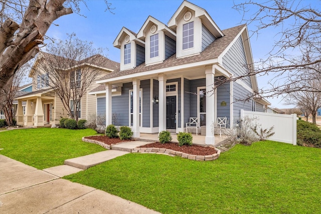 cape cod-style house featuring a porch, fence, a shingled roof, and a front lawn