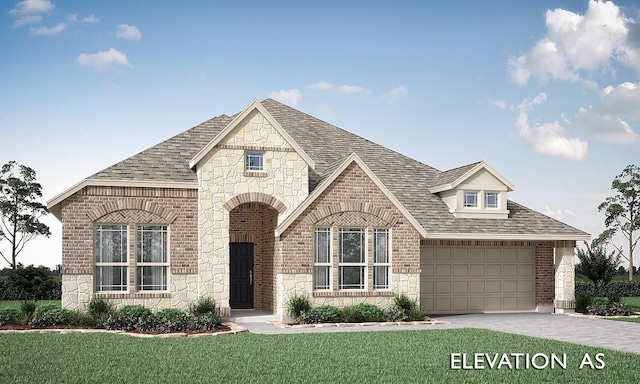 view of front of home with driveway, stone siding, a front lawn, and brick siding