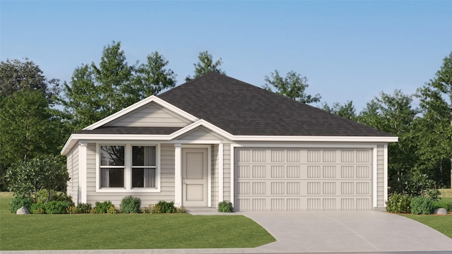 ranch-style home featuring an attached garage, concrete driveway, a front lawn, and a shingled roof