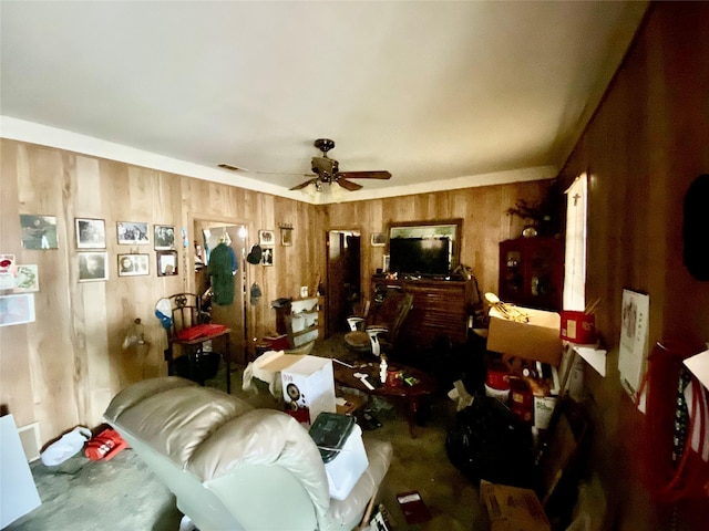 living room with a ceiling fan