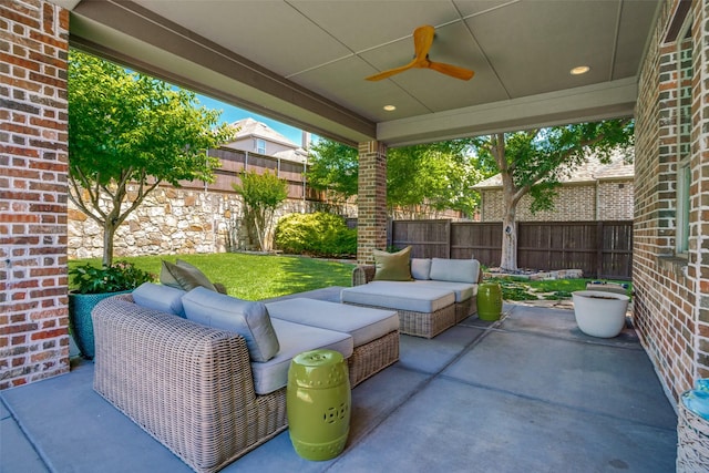 4301 Whitley Place Dr, Prosper, TX 75078 - fenced backyard with ceiling fan, an outdoor hangout area, and a patio