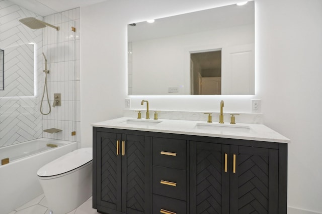 bathroom featuring tub / shower combination, a sink, toilet, and double vanity