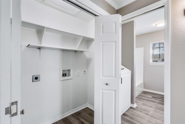 clothes washing area featuring electric dryer hookup, washer hookup, wood finished floors, baseboards, and laundry area