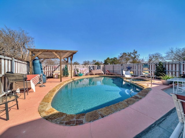 view of swimming pool featuring a fenced in pool, a patio, and fence