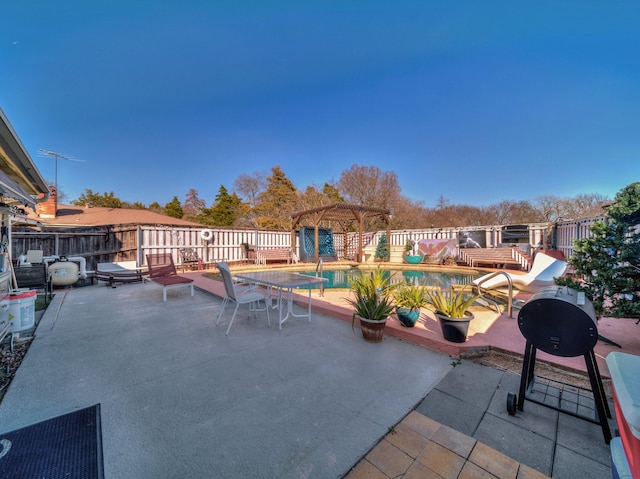 view of patio / terrace with a fenced in pool, a grill, fence, and a pergola