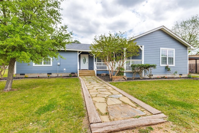 single story home featuring a porch, a front yard, and crawl space