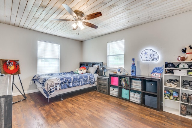 bedroom featuring ceiling fan, wooden ceiling, wood finished floors, and baseboards