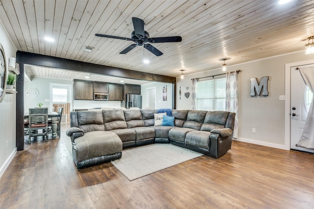 living area featuring wood ceiling, baseboards, wood finished floors, and recessed lighting