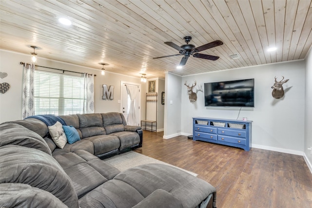 living area featuring ornamental molding, wooden ceiling, wood finished floors, and baseboards