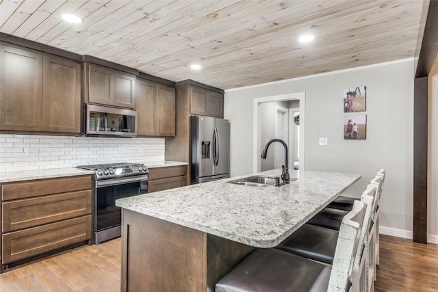 kitchen featuring stainless steel appliances, tasteful backsplash, light wood-style floors, wood ceiling, and a sink