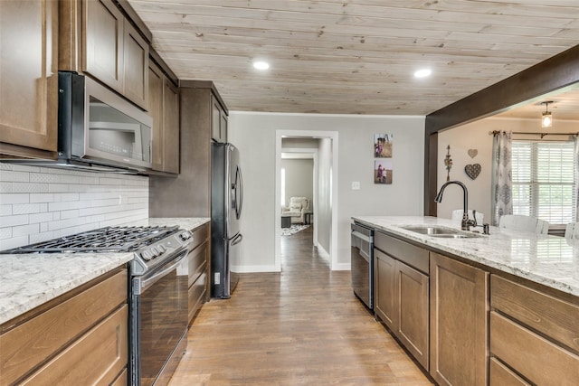 kitchen with decorative backsplash, wood ceiling, stainless steel appliances, light wood-type flooring, and a sink