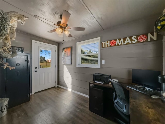 home office with baseboards, a ceiling fan, and wood finished floors