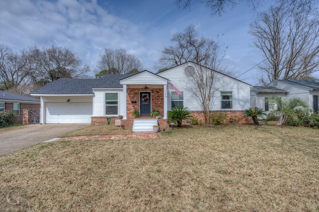 ranch-style home with a garage, a front yard, concrete driveway, and brick siding