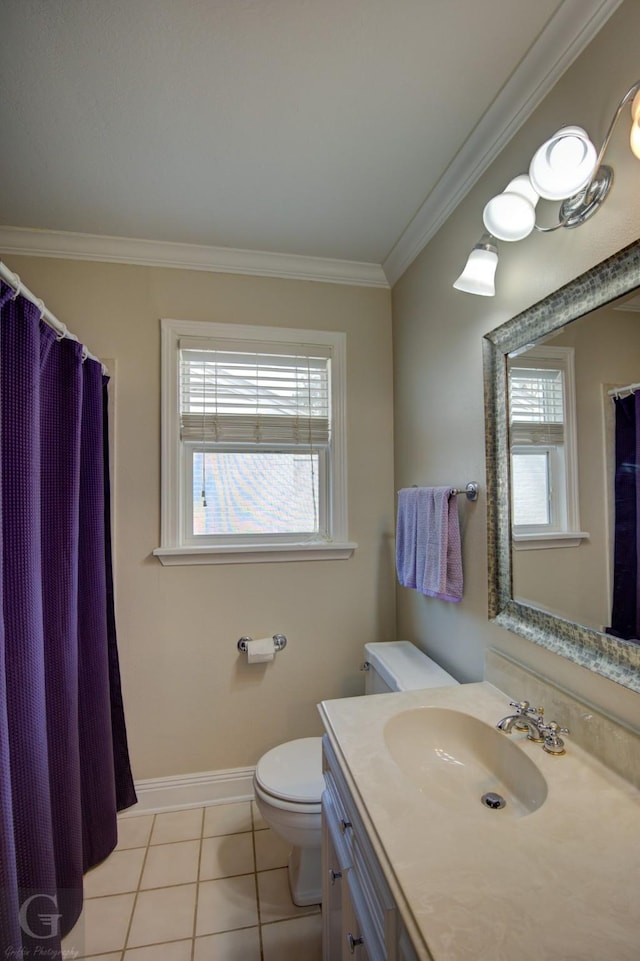 full bath featuring toilet, tile patterned flooring, plenty of natural light, and crown molding