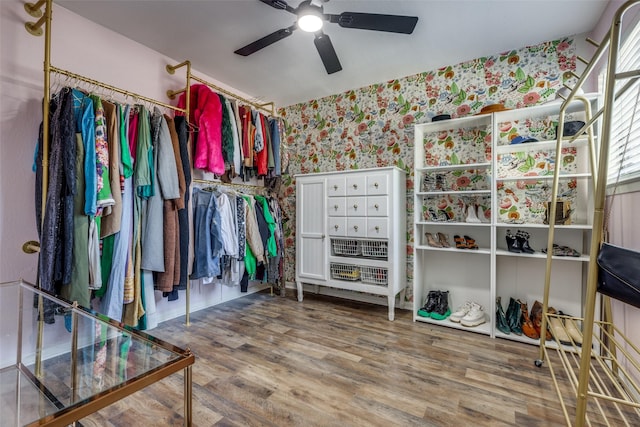 interior space featuring ceiling fan and wood finished floors