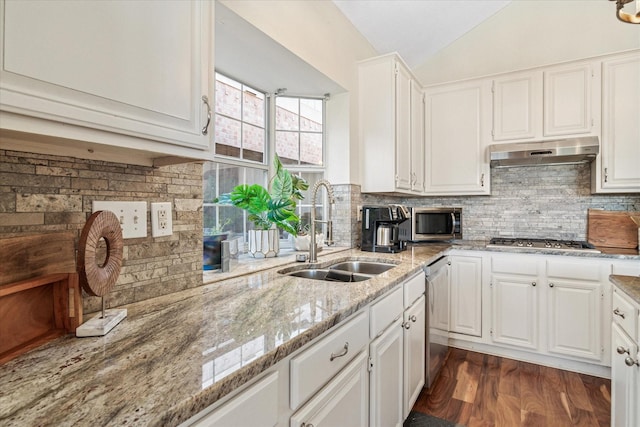 kitchen featuring lofted ceiling, a sink, appliances with stainless steel finishes, under cabinet range hood, and white cabinetry