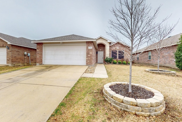 view of front of property featuring concrete driveway, brick siding, roof with shingles, and an attached garage