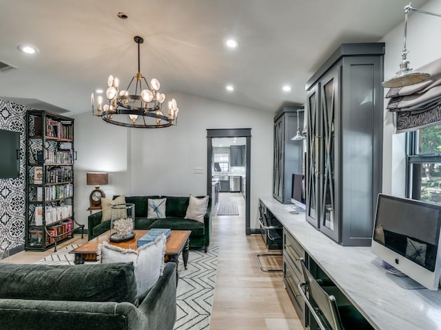 living area featuring lofted ceiling, a chandelier, recessed lighting, visible vents, and light wood-style floors