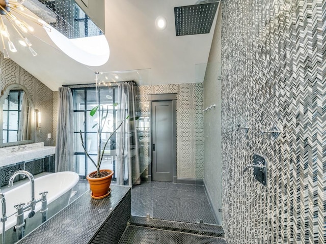 bathroom featuring a shower, elevator, tile walls, and a bath