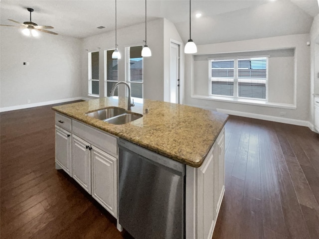 kitchen with dishwasher, lofted ceiling, open floor plan, dark wood-style flooring, and a sink