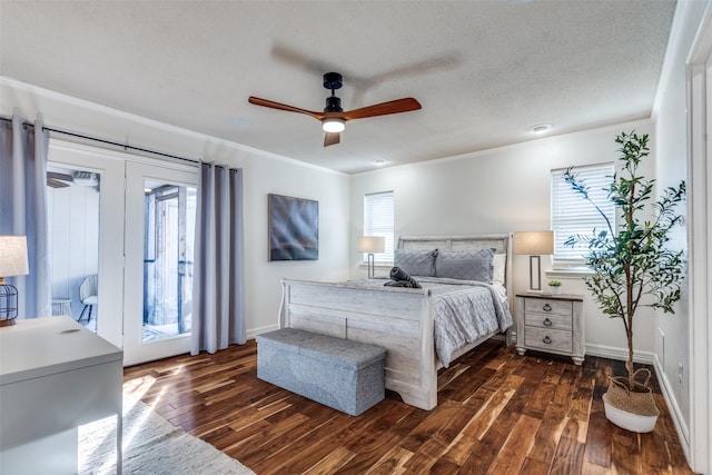 bedroom with dark wood-type flooring, multiple windows, and ornamental molding