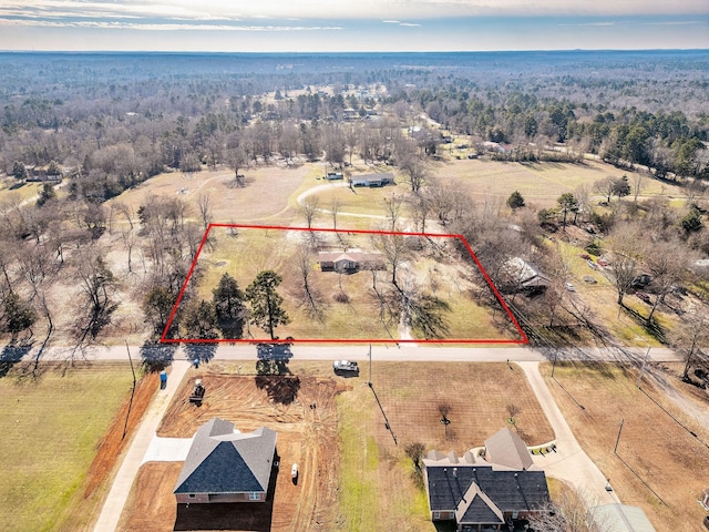 aerial view featuring a rural view and a wooded view