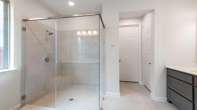 4343 Hudson St, Fate, TX 75087 - bathroom with vanity, a shower stall, tile patterned floors, and recessed lighting
