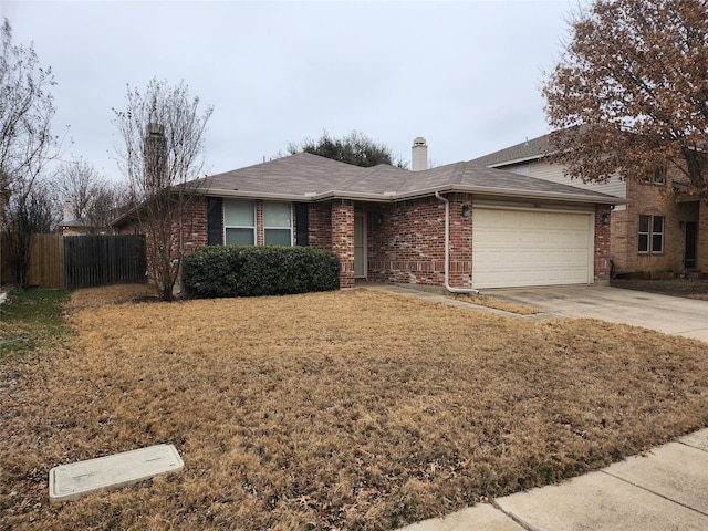 ranch-style house with a garage, brick siding, fence, driveway, and a chimney