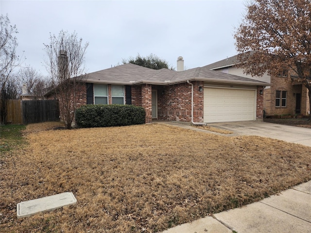 ranch-style home with an attached garage, brick siding, fence, driveway, and a chimney