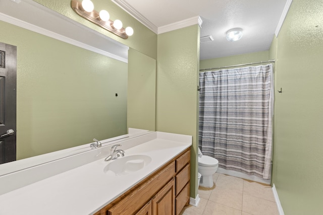 bathroom with toilet, ornamental molding, tile patterned floors, curtained shower, and vanity