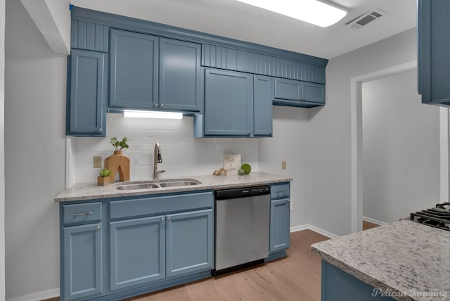 kitchen with blue cabinets, visible vents, dishwasher, and a sink