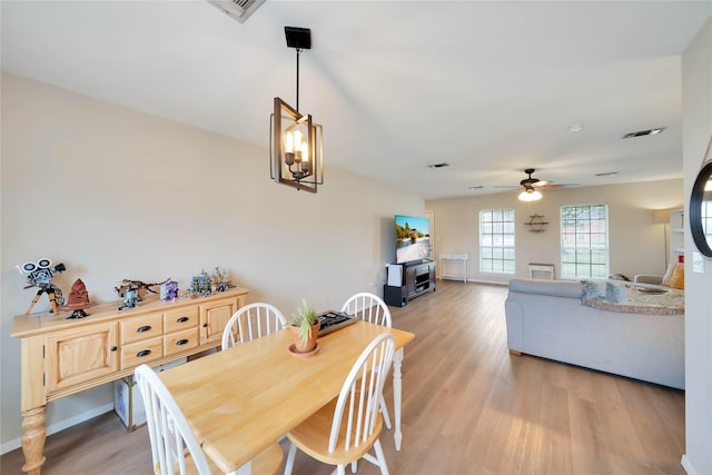 dining room with ceiling fan, visible vents, and light wood-style floors