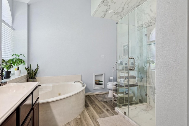 bathroom with toilet, wood finished floors, vanity, and a shower stall