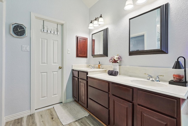 bathroom featuring double vanity, wood finished floors, and a sink