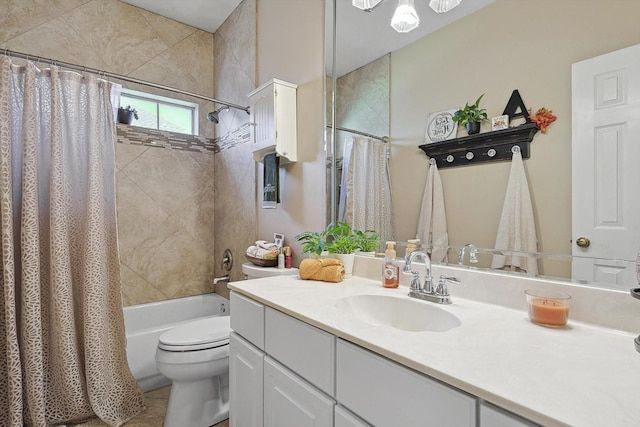 bathroom with toilet, shower / tub combo, tile patterned flooring, and vanity