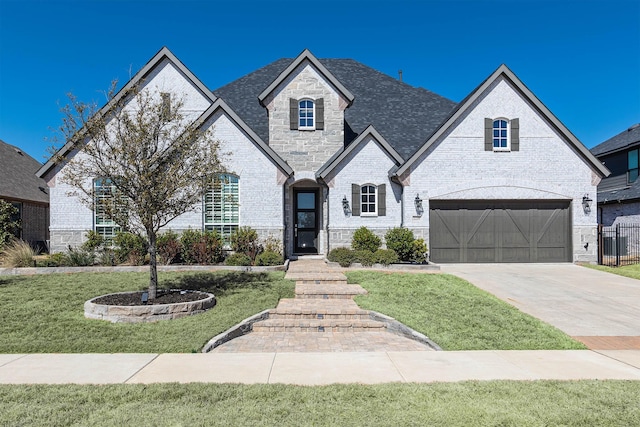 french country inspired facade featuring brick siding, roof with shingles, concrete driveway, an attached garage, and a front lawn