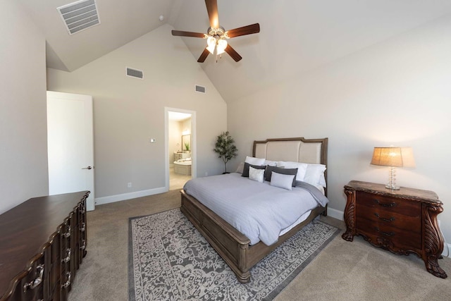 bedroom featuring carpet flooring, high vaulted ceiling, and visible vents