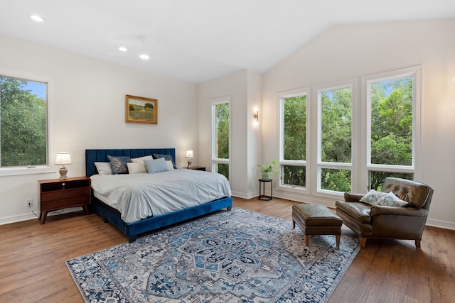 bedroom featuring lofted ceiling, multiple windows, baseboards, and wood finished floors