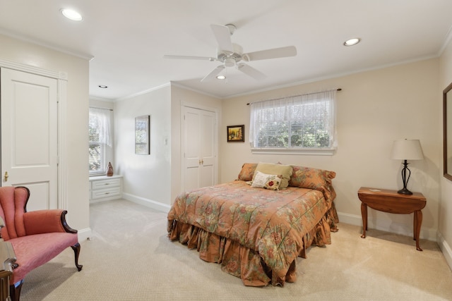 bedroom with recessed lighting, light colored carpet, ornamental molding, a ceiling fan, and baseboards