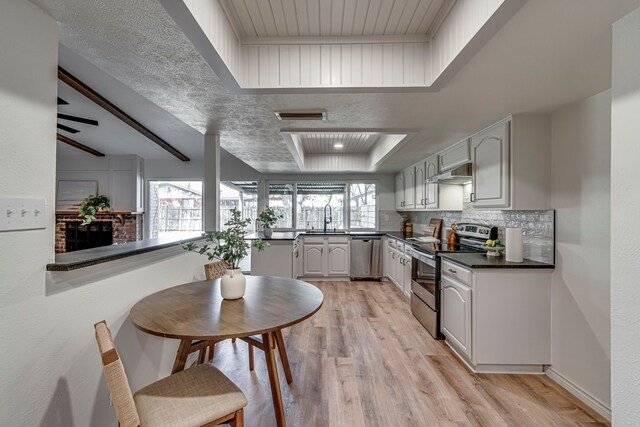 kitchen with a tray ceiling, a sink, stainless steel appliances, dark countertops, and exhaust hood