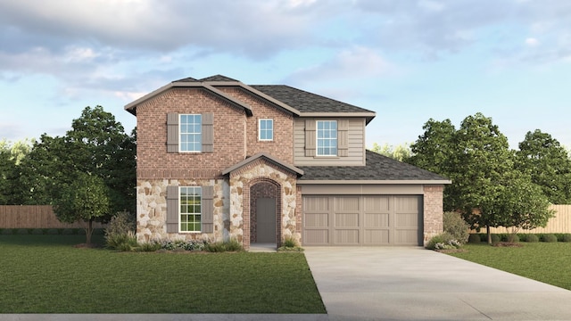 view of front of property featuring brick siding, fence, driveway, stone siding, and a front lawn